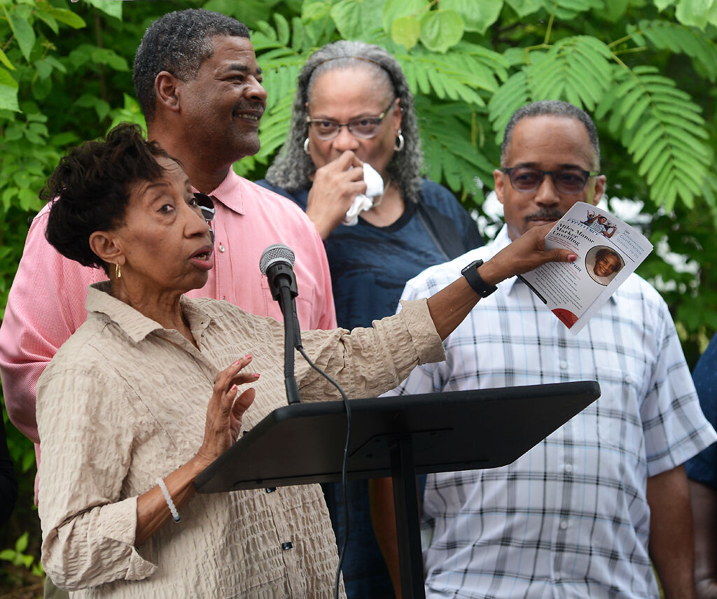 Barbra Horrell speaks during the unveiling ceremony